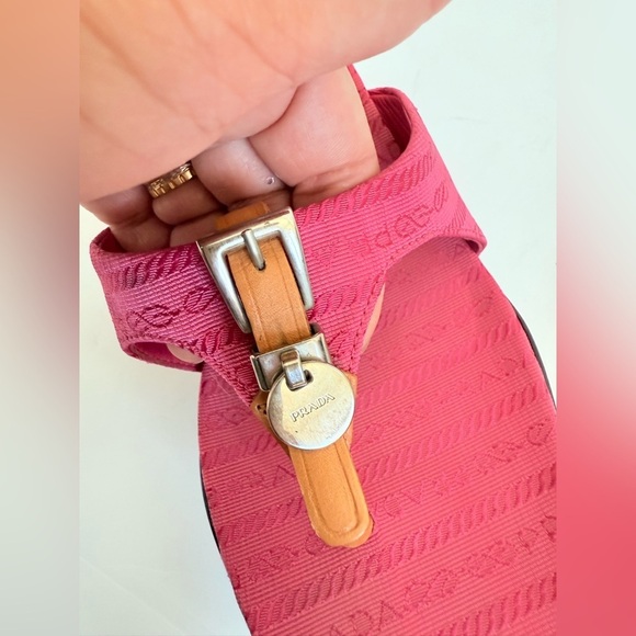Prada Pink Logo Kitten Heel Slide Canvas Thong Sandals Vintage EU40 - Picture 6 of 9